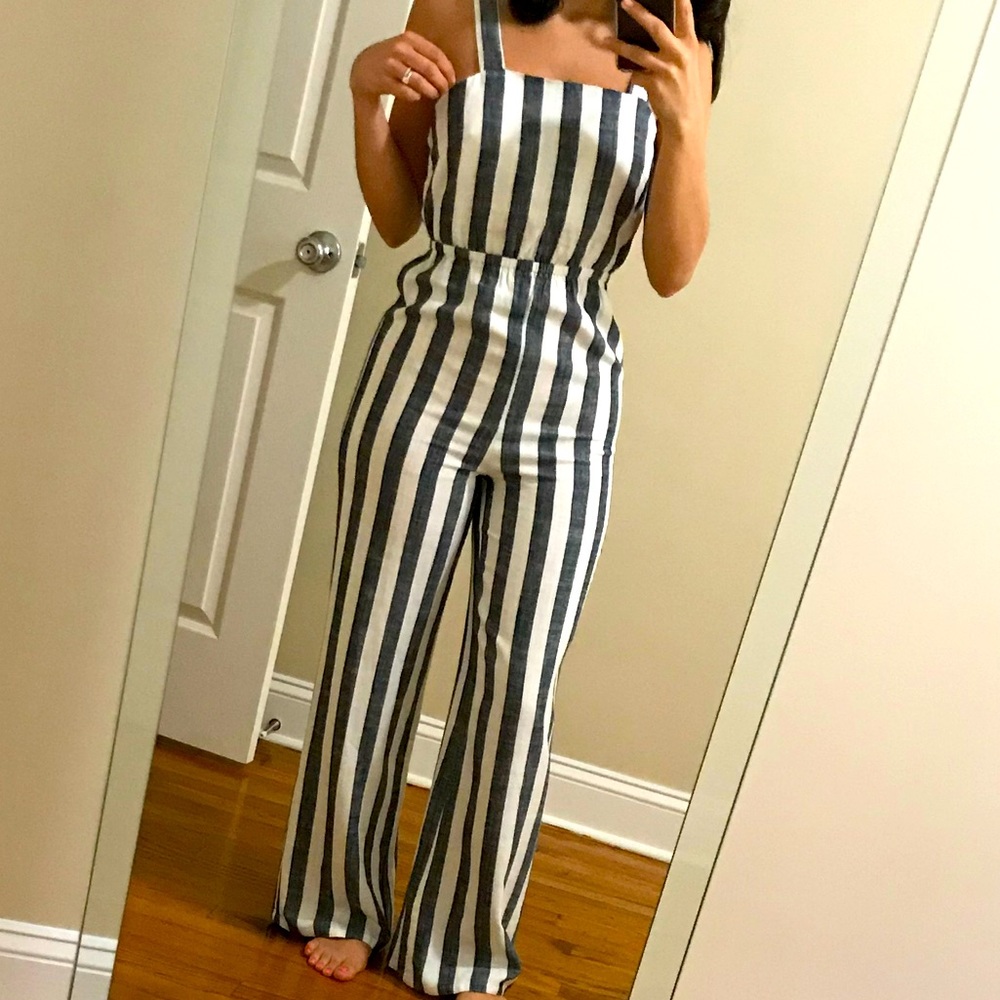 Open back blue and white striped jumpsuit